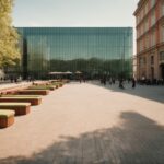 Ultra realistyczne zdjęcie przedstawiające odrestaurowane zabytkowe budynki i nowo wybudowaną nowoczesną salę koncertową przy ulicy Grochowskiej w Warszawie. Na obrazie widoczna harmonijna kompozycja ceglanych, historycznych elewacji z nowoczesnymi szklanymi elementami, otoczona zagospodarowaną zielenią i alejkami, w słoneczny dzień, z ludźmi przechadzającymi się lub siedzącymi na ławkach.