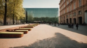 Ultra realistyczne zdjęcie przedstawiające odrestaurowane zabytkowe budynki i nowo wybudowaną nowoczesną salę koncertową przy ulicy Grochowskiej w Warszawie. Na obrazie widoczna harmonijna kompozycja ceglanych, historycznych elewacji z nowoczesnymi szklanymi elementami, otoczona zagospodarowaną zielenią i alejkami, w słoneczny dzień, z ludźmi przechadzającymi się lub siedzącymi na ławkach.
