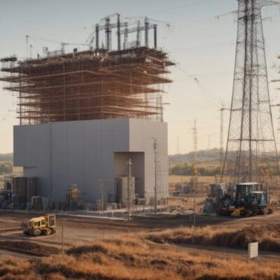 
Bardzo szczegółowe, ultrarealistyczne zdjęcie nowoczesnej podstacji trakcyjnej 110kV w trakcie budowy na terenach wiejskich. Widoczne duże transformatory, słupy wysokiego napięcia i infrastruktura elektryczna otoczona polami, obecność maszyn budowlanych, jesienna pogoda, na placu pracownicy w odzieży ochronnej.
